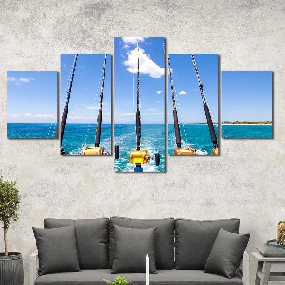 Deep Sea Fishing Ocean Rods Framed Canvas Home Decor Wall Art