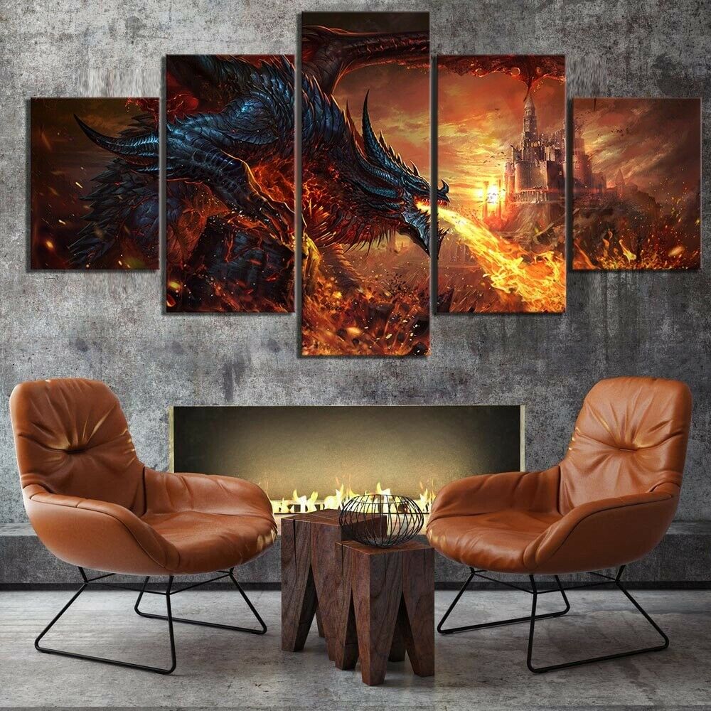 Dragon Fire Castle Fantasy Canvas Five Piece Home Decor Panel Wall Art ...