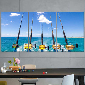 Deep Sea Fishing Ocean Rods Framed Canvas Home Decor Wall Art Multiple Choices 1 3 4 5 Panels