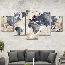 Blue Old World Map Rustic Framed Canvas Home Decor Wall Art Multiple Choices 1 3 4 5 Panels