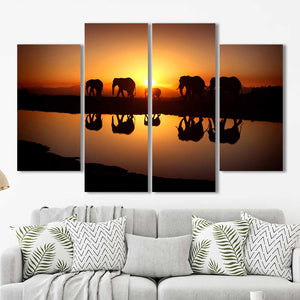 Elephants Walking Sunset Framed Canvas Home Decor Wall Art Multiple Choices 1 3 4 5 Panels