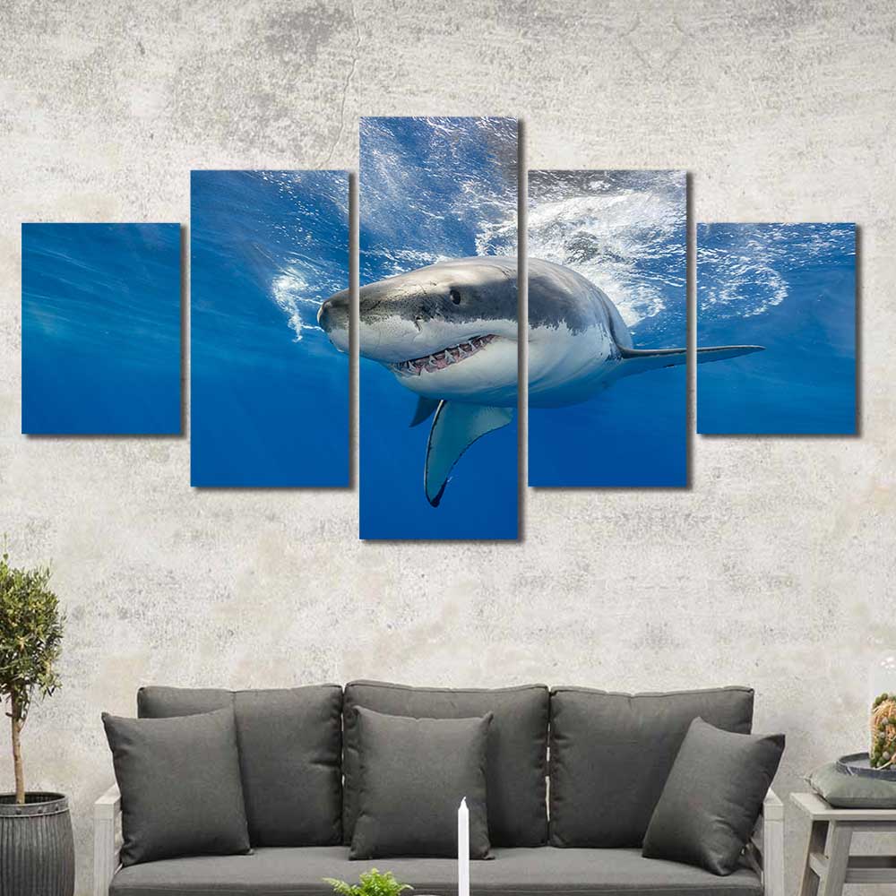 Great White Shark Framed Canvas Home Decor Wall Art Multiple Choices 1 3 4 5 Panels