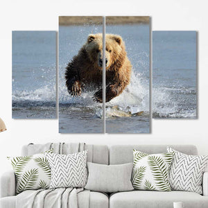 Brown Bear Charging River Framed Canvas Home Decor Wall Art Multiple Choices of Panels