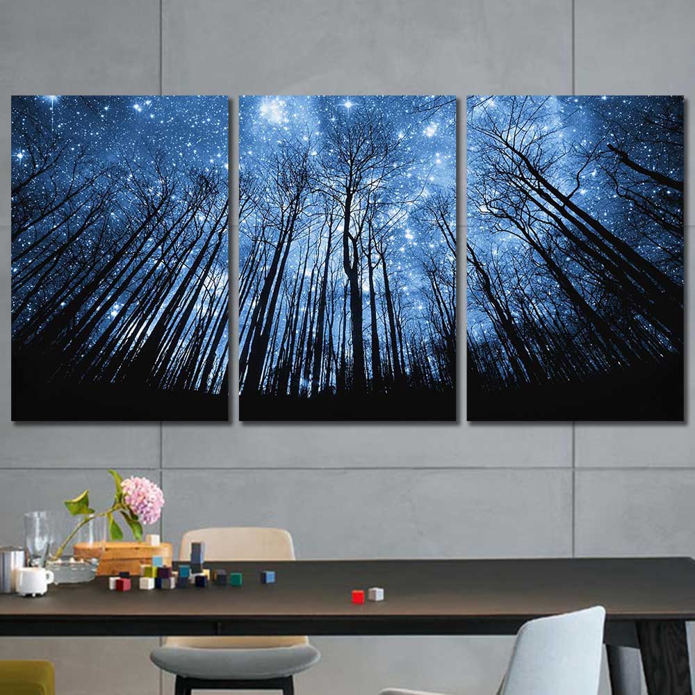 Starry Night Forest Framed Canvas Home Decor Wall Art Multiple Choices 1 3 4 5 Panels