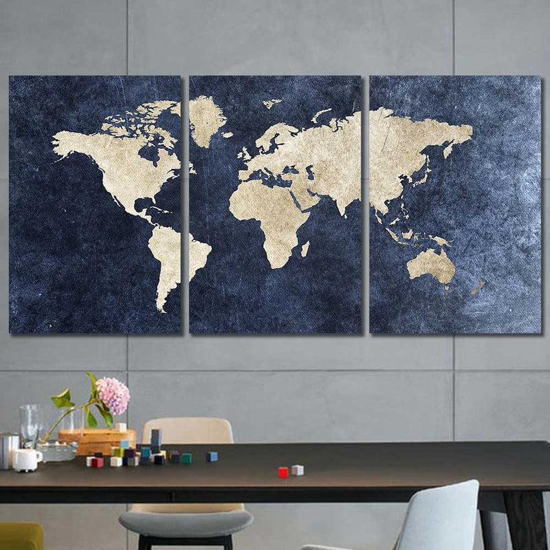 Blue World Map Framed Canvas Home Decor Wall Art Multiple