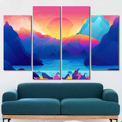 Colorful Mountains Sun Lake Framed Canvas Home Decor Wall Art Multiple Choices 3 4 5 Panels