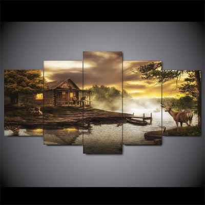 Cabin on the Lake Deer Nature Five Piece Canvas - The Force Gallery