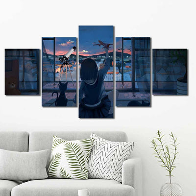 Little Girl Cat Plane Girls Room Framed Canvas Home Decor Wall Art Multiple Choices 1 3 4 5 Panels