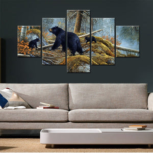 Bear and Cubs Nature Forest Five Piece Canvas Wall Art Home Decor Multi Panel 5