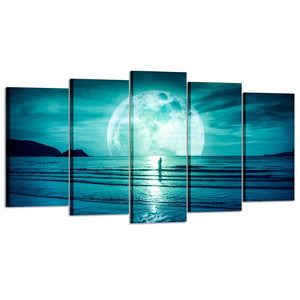 Full Moon Ocean Swimming Five Piece Canvas Wall Art Home Decor Multi Panel - The Force Gallery