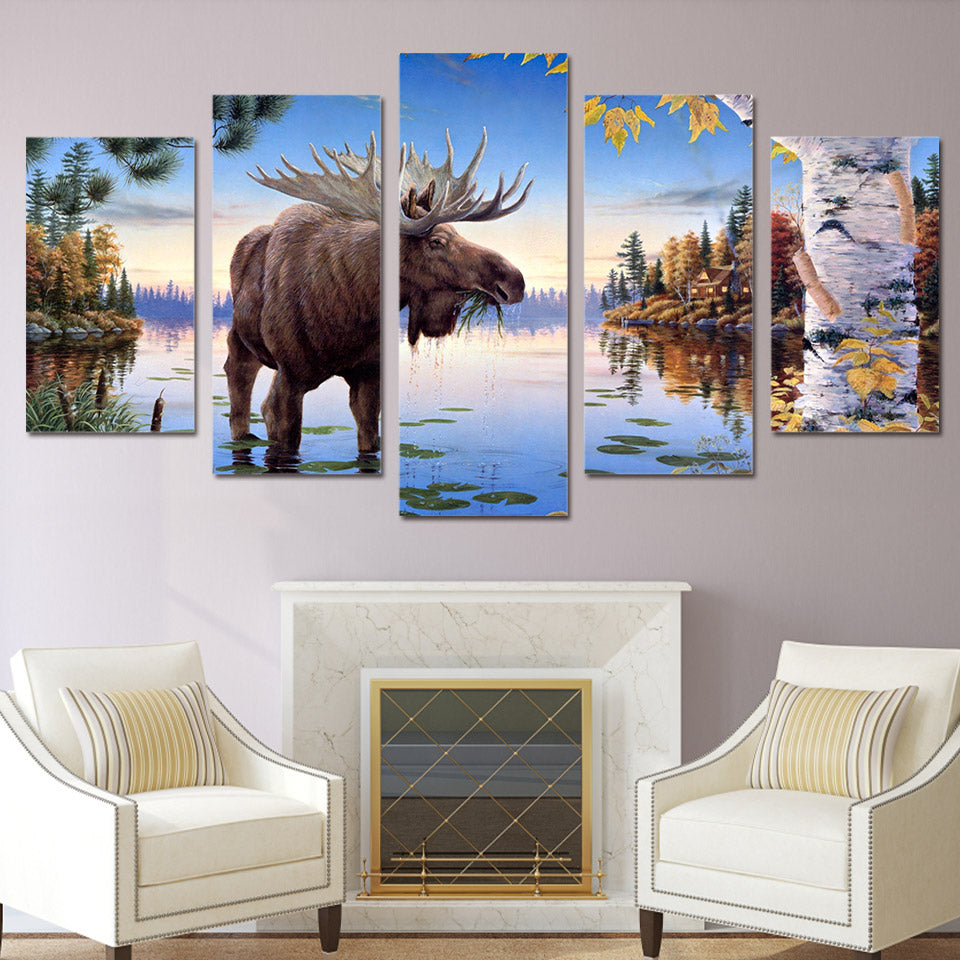 Large Moose Water Nature Cabin Canvas - The Force Gallery