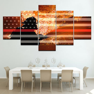 Firefighter Fighting Flames Red Line Flag Five Piece Canvas Wall Art Home Decor - The Force Gallery