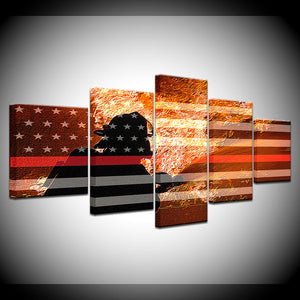 Firefighter Fighting Flames Red Line Flag Five Piece Canvas Wall Art Home Decor - The Force Gallery