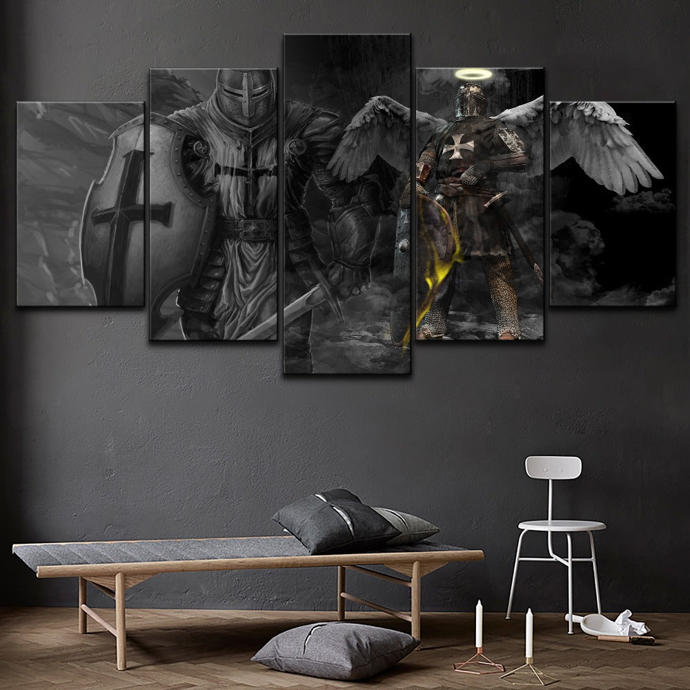Knights Templar Guardian Angel Knights Five Piece Canvas Wall Art Home Decor Multi Panel - The Force Gallery
