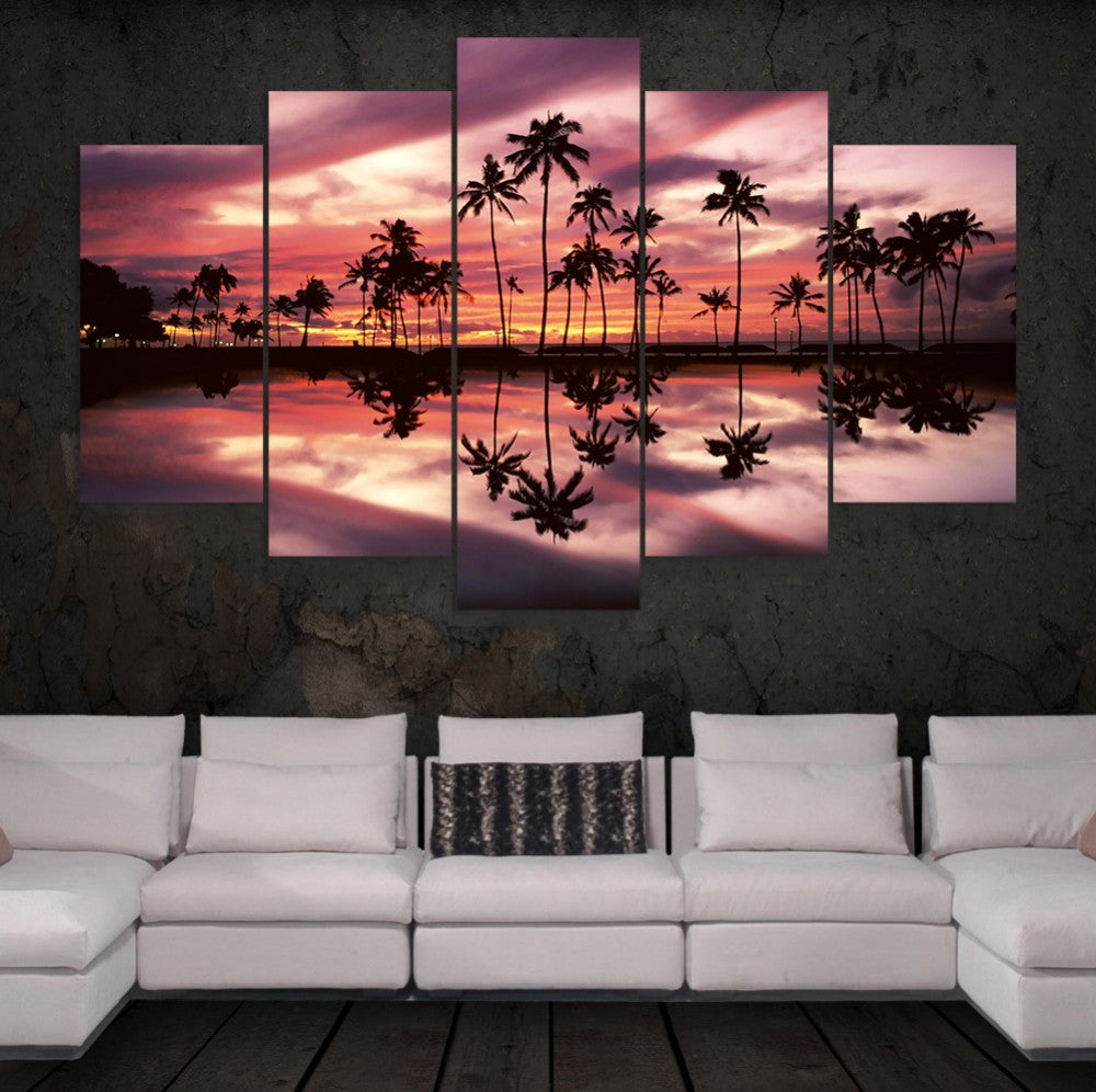Palm Trees Reflection Ocean Five Piece Canvas - The Force Gallery