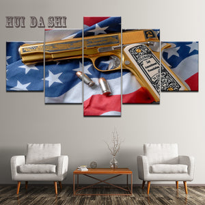 2nd Amendment Gold Gun American Flag Five Piece Canvas Wall Art Home Decor - The Force Gallery