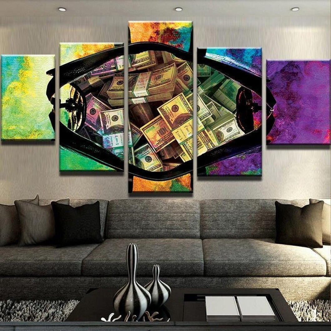 Colorful Bag of Money Cash Five Piece Canvas Wall Art Home Decor Multi Panel 5