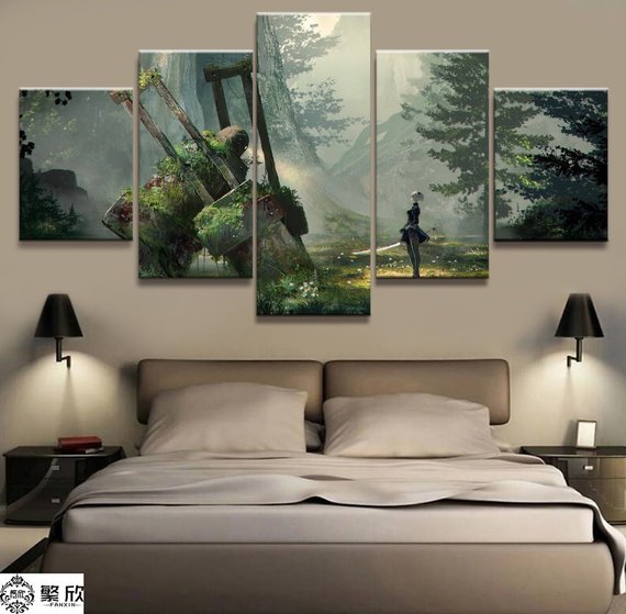 Large Framed NieR Automata 2B 5 Piece Canvas Print Wall Art Home - The Force Gallery