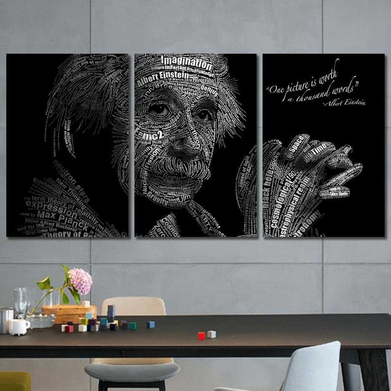 Albert Einstein Word Collage Framed Canvas Home Decor Wall Art Multiple Choices 1 3 4 5 Panels