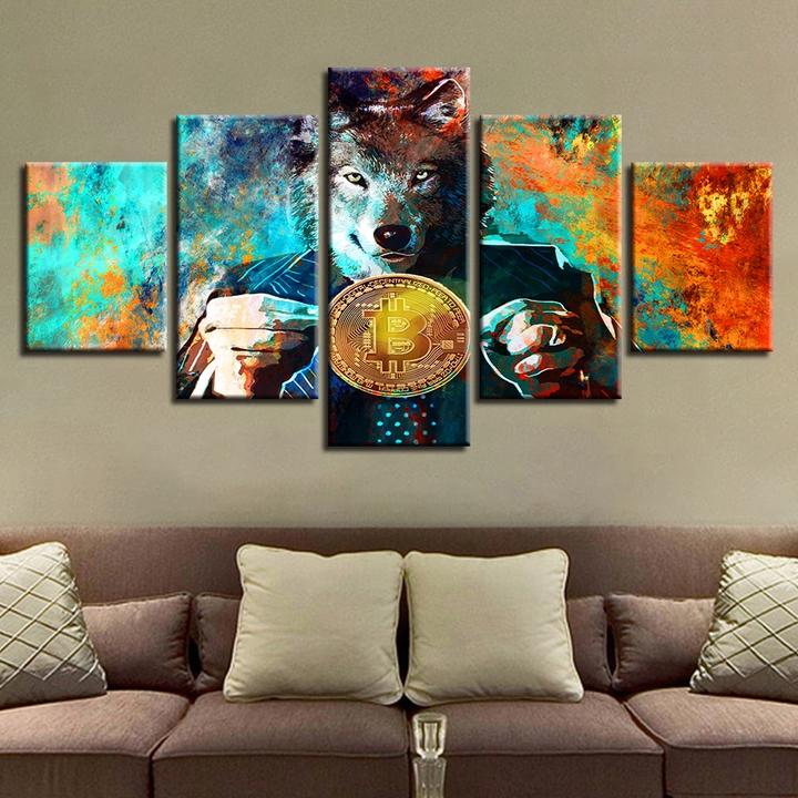 Wolf Bitcoin Money Five Piece Canvas Wall Art Home Decor Multi Panel 5