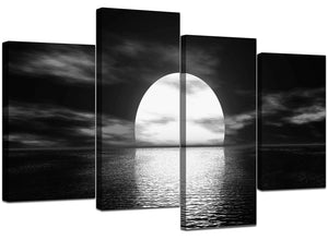 Moon Ocean Black and White 4 Piece Canvas Wall Art Home Decor Multi Panel Four