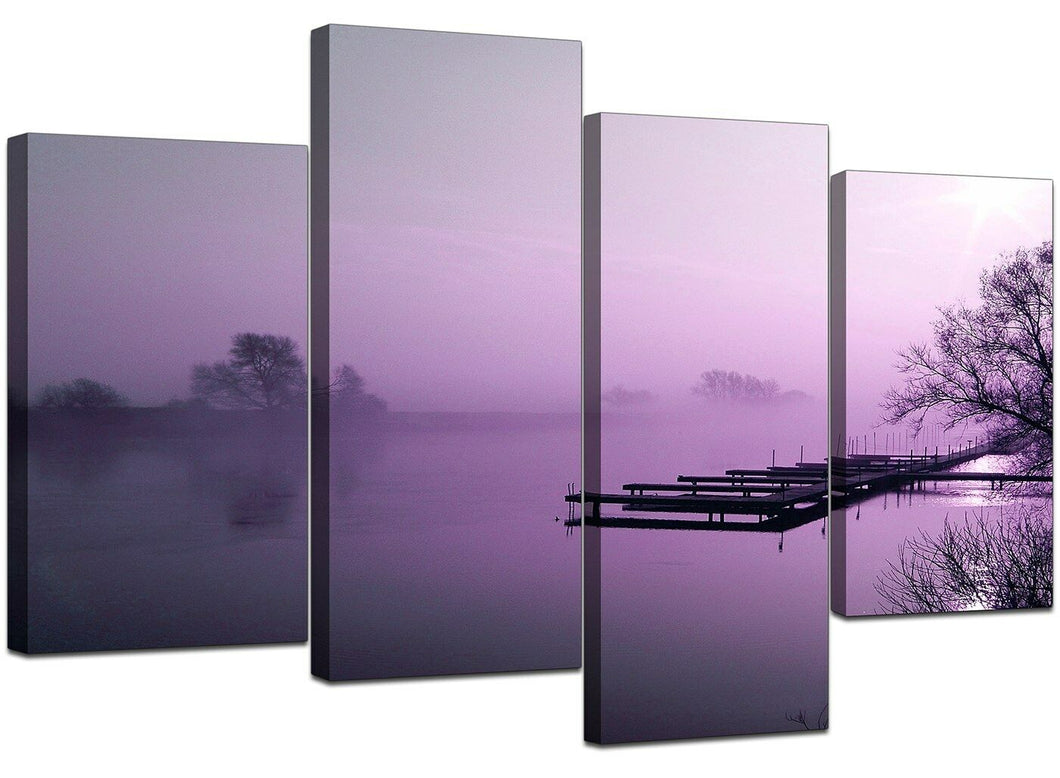 Lake Docks Purple Landscape 4 Piece Canvas Wall Art Home Decor Multi Panel Four