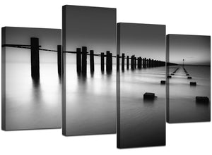 Black and White Ocean Dock 4 Piece Canvas Wall Art Home Decor Multi Panel Four