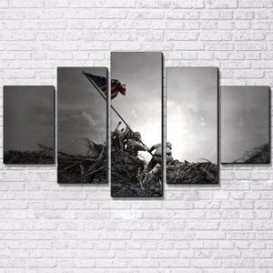 Large Framed Iwo Jima Battle American Flag 5 Piece Canvas Print Wall Art Home - The Force Gallery