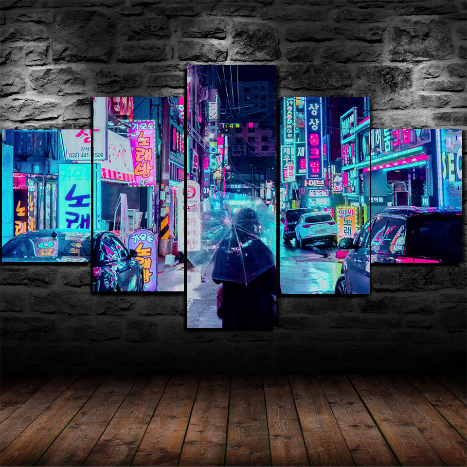 Neon Japanese City Bright Five Piece Home Decor Panel Wall Art
