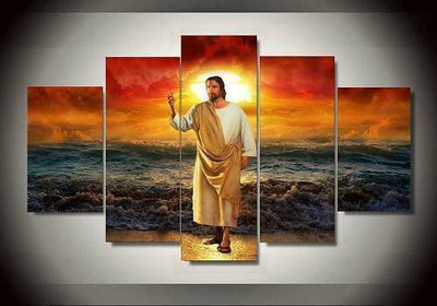 Jesus Christ Ocean Sunset Savior Five Piece Canvas Wall Art Home Decor Multi Panel - The Force Gallery